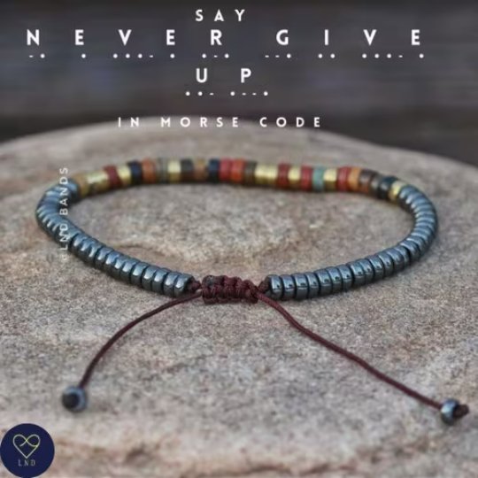 Morse code NEVER GIVE UP Hematite Picasso Jasper Bracelet - LND Bands