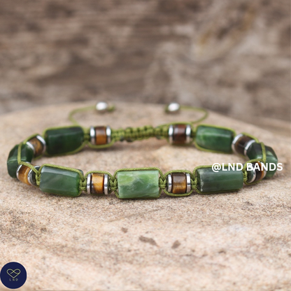Olive Jade & Tiger Eye Bead Bracelet – Adjustable Boho Meditation