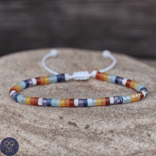 7 Chakra Mother of Pearl 2x4mm Meditation Boho Yoga Bracelet, Gemstone Bracelet, Balance, power, protection, calm, grounding, birthday gift - LND Bands