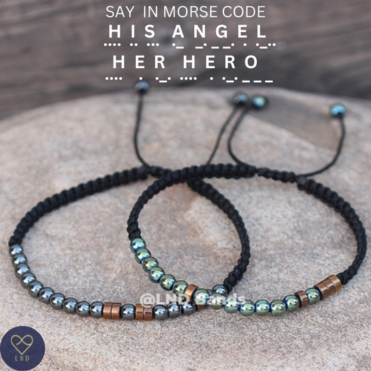 SET of 2 "His Angel" and "Her Hero" Morse Code Beaded Couple Friendship Partner Distance Bracelets, gifts for boyfriend, husband, girlfriend