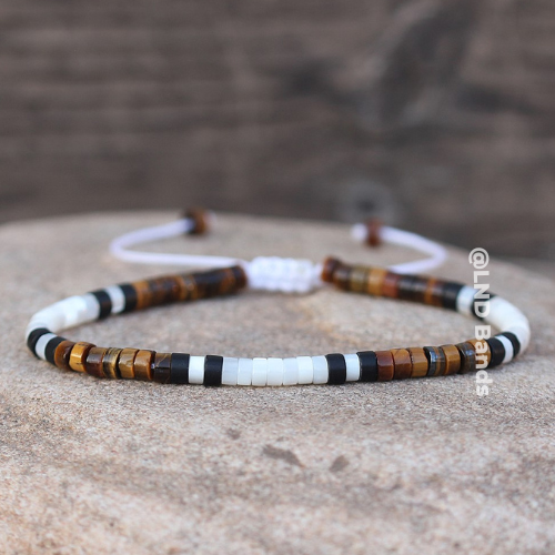 Tiger Eye Mother Of Pearl 2x4mm Gemstone Bracelet, Adjustable Tibetan Minimalist Yoga Boho Bracelet, surfer, birthday gift, courage, power