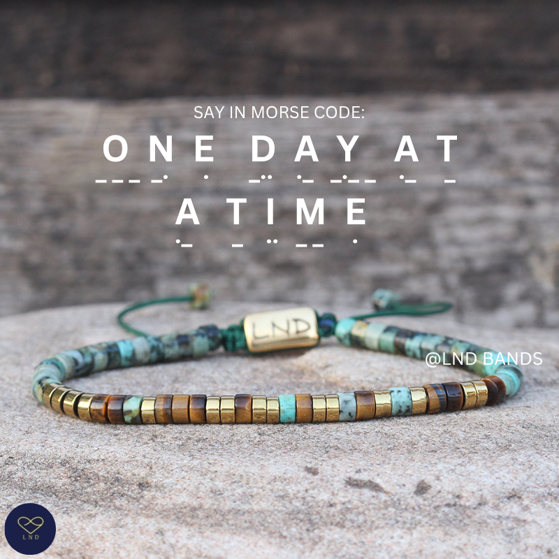 Morse code ONE DAY AT A TIME African Turquoise Tiger eye, Adjustable Affirmation Bracelet, motivational encouraging meaningful bracelet