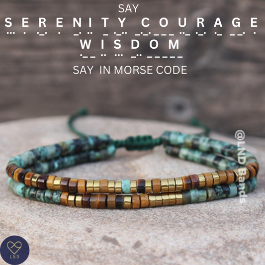 Morse code SERENITY COURAGE WISDOM African Turquoise Tiger eye Adjustable secret message Bracelet, motivational encouraging, inspirational