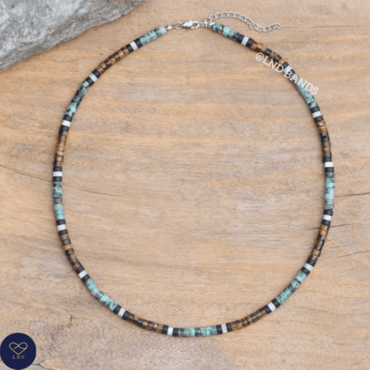 African Turquoise with Tiger Eye Minimalist Necklace, 4mm Beaded Necklace, Tibetan Necklace, Yoga, gift for him and her, Natural Gemstone - LND Bands