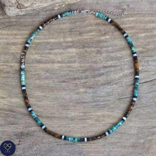 African Turquoise with Tiger Eye Minimalist Necklace, 4mm Beaded Necklace, Tibetan Necklace, Yoga, gift for him and her, Natural Gemstone - LND Bands