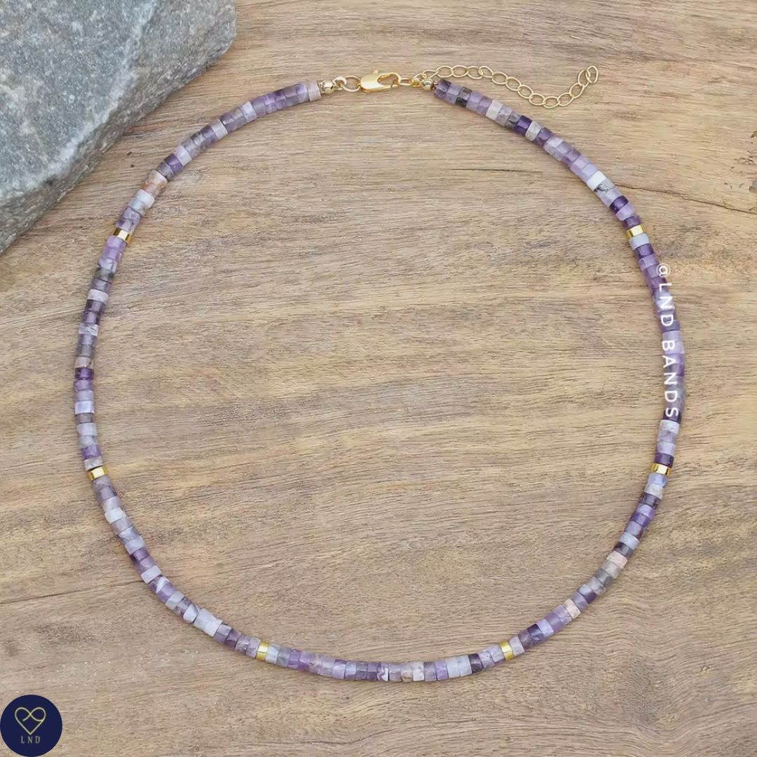 Amethyst Bead Dainty Necklace, Adjustable 2x4mm, Minimalist Bohemian Necklace, Natural Stone Necklace, Tibetan gemstone, Pisces gemstone - LND Bands