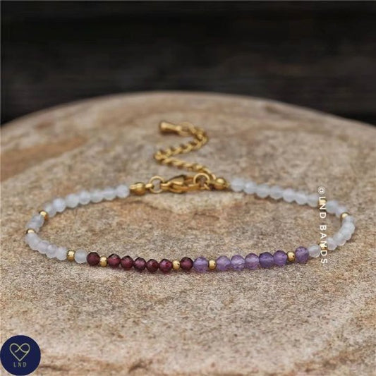 Amethyst Garnet White Moonstone 3mm Faceted Beads Bracelet, Meditation Bohemian Yoga Ethnic Bracelet, power, protection, calm, grounding - LND Bands