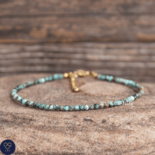 Anklet: African Turquoise 3mm Faceted, Meditation Bohemian Yoga Tibetan, luck protection - LND Bands