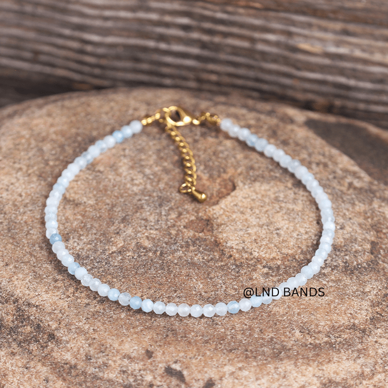 Anklet: Aquamarine 3mm Faceted, Meditation Bohemian Yoga Tibetan, calming wisdom - LND Bands