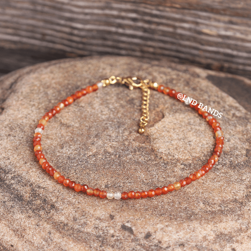 Anklet: Carnelian 3mm Faceted, Meditation Bohemian Yoga Tibetan, Balance protection - LND Bands