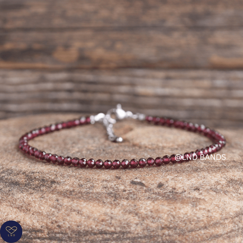 Anklet: Garnet 3mm Faceted, Meditation Bohemian Yoga Tibetan, stability luck - LND Bands