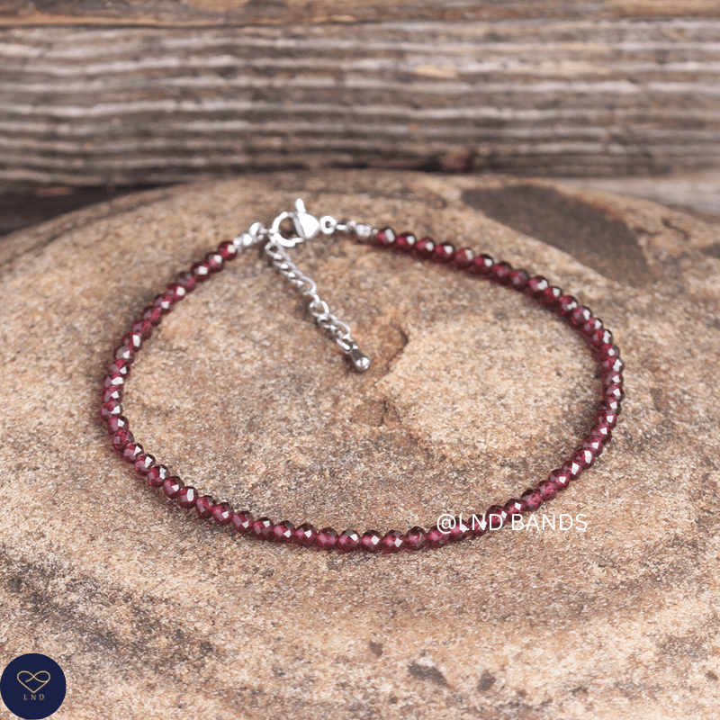 Anklet: Garnet 3mm Faceted, Meditation Bohemian Yoga Tibetan, stability luck - LND Bands