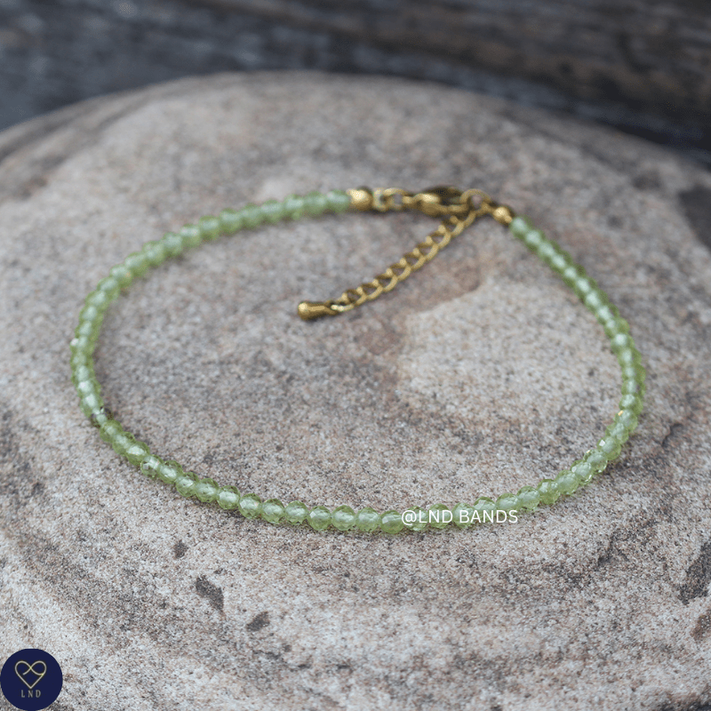 Anklet: Peridot 3mm Faceted, Meditation Bohemian Yoga Tibetan, balance harmony creativity - LND Bands