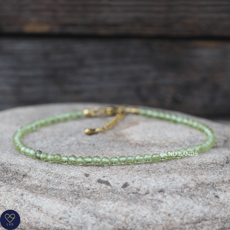 Anklet: Peridot 3mm Faceted, Meditation Bohemian Yoga Tibetan, balance harmony creativity - LND Bands