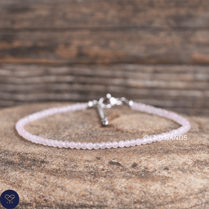 Anklet: Rose Quartz 3mm Faceted, Meditation Bohemian Yoga Tibetan, love calming - LND Bands