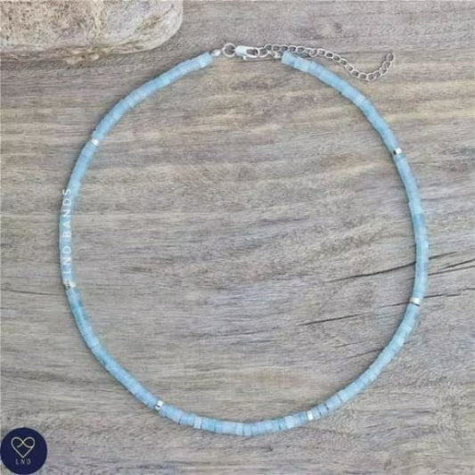 Aquamarine Beaded Necklace, Adjustable 2x4mm, Minimalist Bohemian Necklace, Natural Stone Necklace, Dainty Necklace, Tibetan gemstone - LND Bands