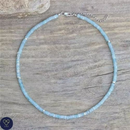 Aquamarine Beaded Necklace, Adjustable 2x4mm, Minimalist Bohemian Necklace, Natural Stone Necklace - LND Bands