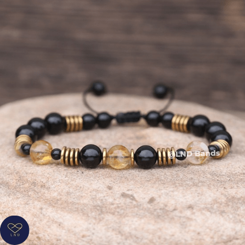 Black Onyx Citrine 8mm round beads Minimalist Adjustable Bracelet, Tibetan Yoga Boho Ethnic, joy, success, stress relieve - LND Bands