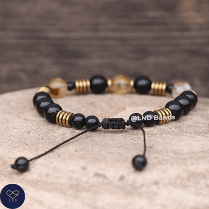 Black Onyx Citrine 8mm round beads Minimalist Adjustable Bracelet, Tibetan Yoga Boho Ethnic, joy, success, stress relieve - LND Bands