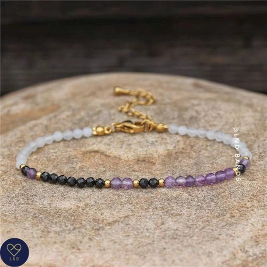 Black Spinel Amethyst White Moonstone 3mm Faceted Bead Adjustable Natural Gemstone Bracelet, Tibetan Yoga Ethnic Bohemian, strength, balance - LND Bands