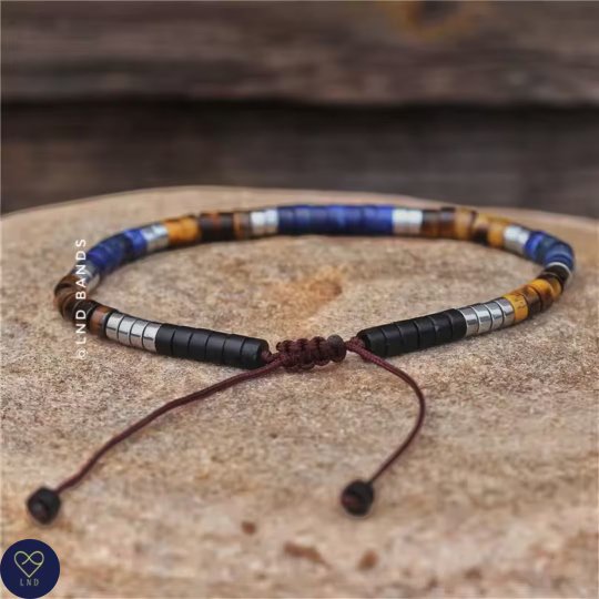 Black stone Lapis Lazuli Tiger Eye Bracelet, Adjustable 4mm Bracelet, Gemstone Bracelet, Gift for him, summer - LND Bands