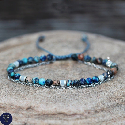 Blue Galaxy Sea Sediment Jasper bracelet 4mm Stainless Steel Chain, Tibetan Adjustable Bracelet, Yoga, Minimalist Bohemian, Elegant gift - LND Bands