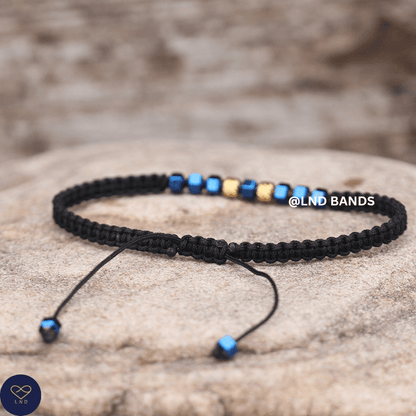 Blue Gold Hematite 4mm Adjustable Minimalist Yoga Boho Ethnic, Tibetan, gift for him for boyfriend, protection, balance - LND Bands