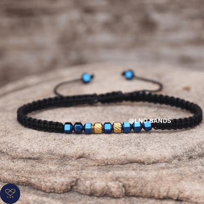 Blue Gold Hematite 4mm Adjustable Minimalist Yoga Boho Ethnic, Tibetan, gift for him for boyfriend, protection, balance - LND Bands