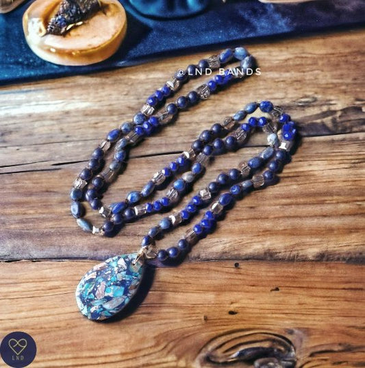 Blue jasper stones necklace, faceted beads, crystal glass, blue colour pendant, boho, yoga, ethnic, Birthday Gift - LND Bands