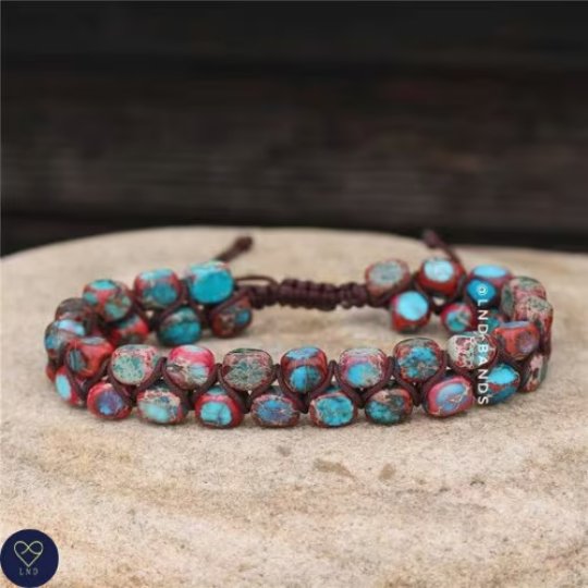 Burgundy/Blue colour Macrame Imperial Jasper bracelet, Adjustable Ethnic Yoga Dainty Bracelet - LND Bands