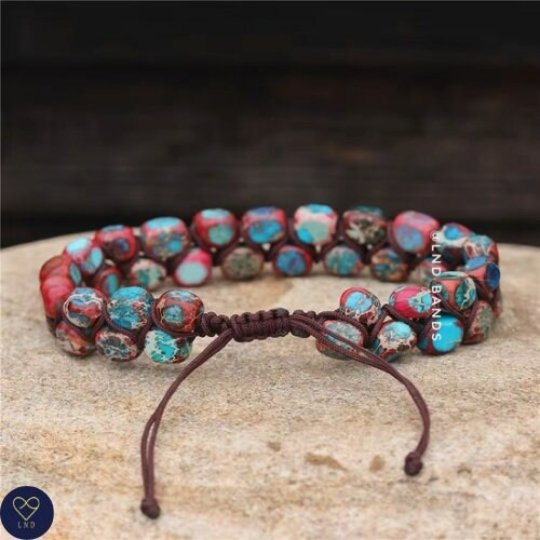 Burgundy/Blue colour Macrame Imperial Jasper bracelet, Adjustable Ethnic Yoga Dainty Bracelet - LND Bands