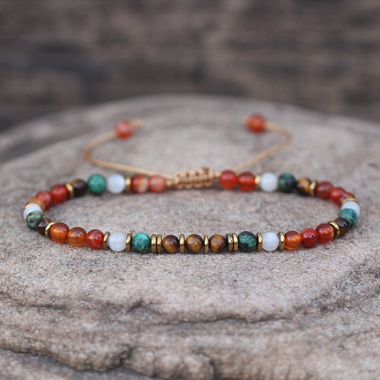 Carnelian Tiger Eye Moonstone African Turquoise 4mm round beads Adjustable Bracelet, Tibetan, Yoga, Boho, Ethnic, protection, intuition - LND Bands