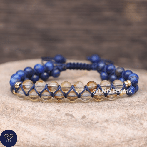 Citrine Lapis Lazuli 6 mm Bead Adjustable Macrame Bracelet, Natural Stone Bracelet, Boho, Yoga, Ethnic, prosperity, success, abundance - LND Bands