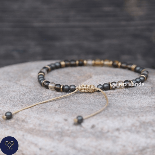 Citrine Smoky Quartz Tiger Eye Pyrite 4mm round beads Minimalist Adjustable Bracelet, Tibetan Gemstone, Yoga, Boho, Ethnic, success, luck - LND Bands