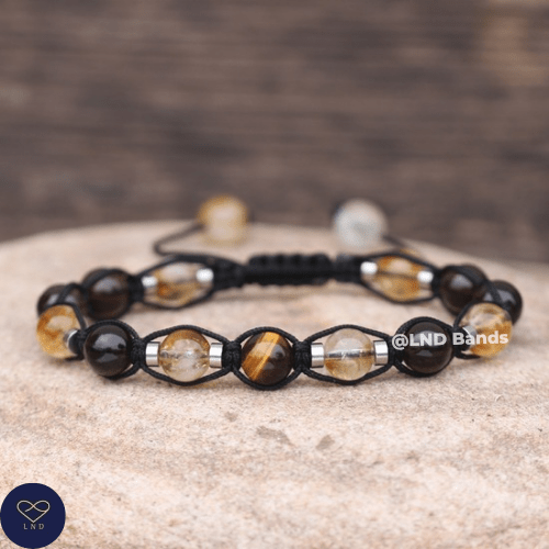 Citrine Tiger Eye Smoky Quartz 8mm round beads Minimalist Adjustable Bracelet, Tibetan Yoga Boho Ethnic, success, luck, positive vibes - LND Bands