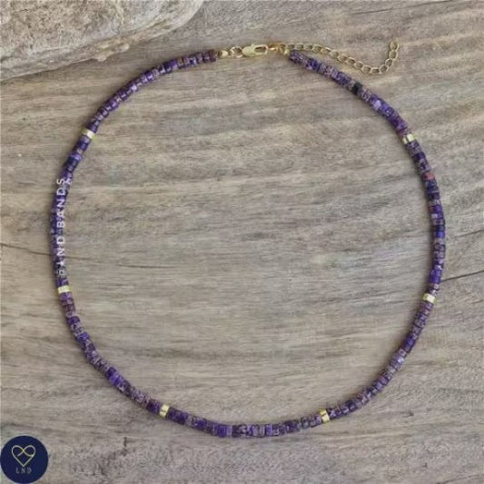 Dainty Purple Minimalist Adjustable Jasper Necklace, 2x4mm Natural Stone Beads, Dainty Necklace, Tibetan Necklace - LND Bands