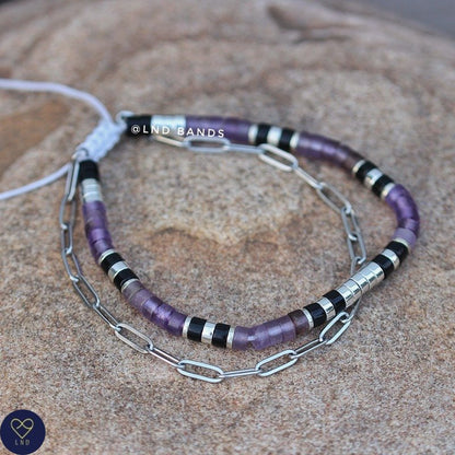 Dark Amethyst Black Stone Stainless steel chain Bracelet, Minimalist Adjustable 2x4mm Natural Stone Bracelet, Tibetan Yoga Elegant Bracelet - LND Bands