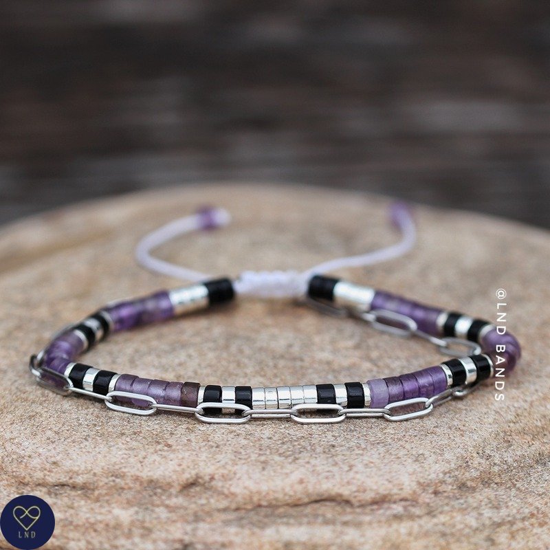 Dark Amethyst Black Stone Stainless steel chain Bracelet, Minimalist Adjustable 2x4mm Natural Stone Bracelet, Tibetan Yoga Elegant Bracelet - LND Bands