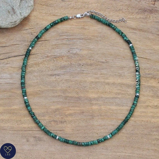 Dark Green Jasper Bead Necklace, 2x4mm Natural Stone Beads, Dainty Necklace, Tibetan Necklace, Friendship, Boho style, Yoga, Birthday Gift - LND Bands