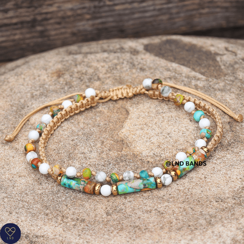 Double Colourful Jasper Howlite Bead Bracelet - Adjustable Minimalist Yoga Bohemian Meditation Ethnic - LND Bands