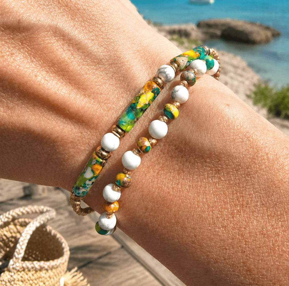 Double Colourful Jasper Howlite Bead Bracelet - Adjustable Minimalist Yoga Bohemian Meditation Ethnic - LND Bands