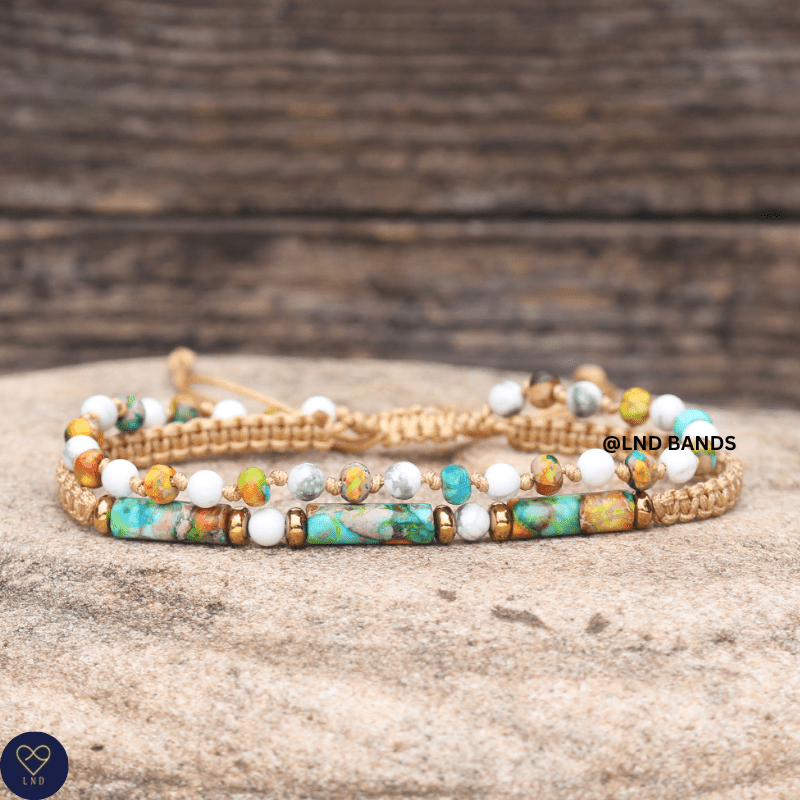 Double Colourful Jasper Howlite Bead Bracelet - Adjustable Minimalist Yoga Bohemian Meditation Ethnic - LND Bands