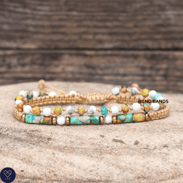 Double Colourful Jasper Howlite Bead Bracelet - Adjustable Minimalist Yoga Bohemian Meditation Ethnic - LND Bands