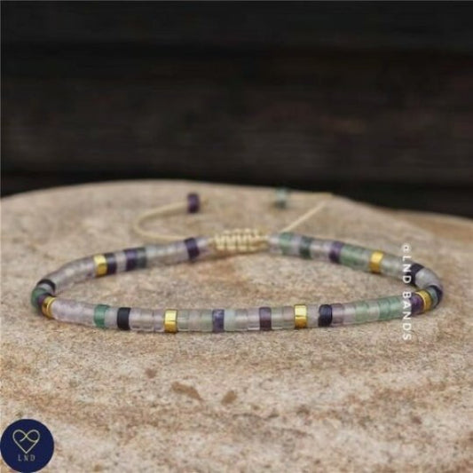 Fluorite Dainty Bracelet, Spiritual Meditation Beaded Adjustable Bracelet, Tibetan Ethnic Bohemian style, growth, stability, birthday gift - LND Bands