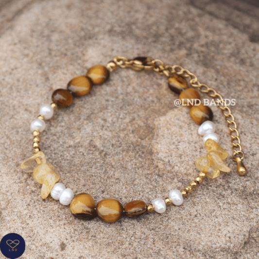 Freshwater Pearl Citrine Tiger Eye Hematite Gemstone Bracelet, Adjustable Luxury Stylish Elegant Boho Bracelet, birthday gift, gift for her - LND Bands