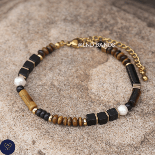 Freshwater pearl Onyx Tiger Eye Hematite Gemstone Bracelet, Adjustable Luxury Stylish Elegant Boho Bracelet, birthday gift, gift for her - LND Bands