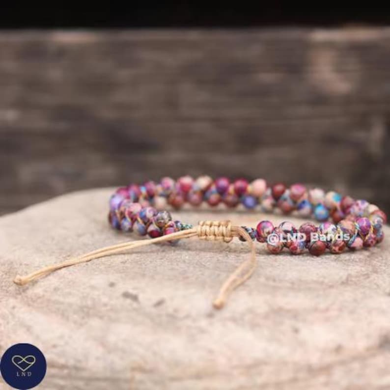 Galaxy Sea Sediment Jasper Macrame bracelet 4mm, Tibetan Bracelet, Adjustable Dainty, Yoga, Minimalist Bohemian Bracelet, birthday gift - LND Bands