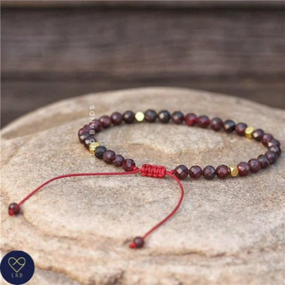 Garnet Beaded Bracelet, Tibetan Bracelet, Adjustable Gemstones Dainty Bracelet, Yoga, Love, January Birthstone - LND Bands