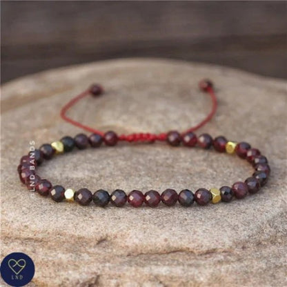 Garnet Beaded Bracelet, Tibetan Bracelet, Adjustable Gemstones Dainty Bracelet, Yoga, Love, January Birthstone - LND Bands