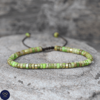 Green Grass Jasper Bead Bracelet, Adjustable 2x4mm Natural Stone Beads, Dainty Bracelet, Tibetan bracelet, Friendship, Boho style, Yoga - LND Bands